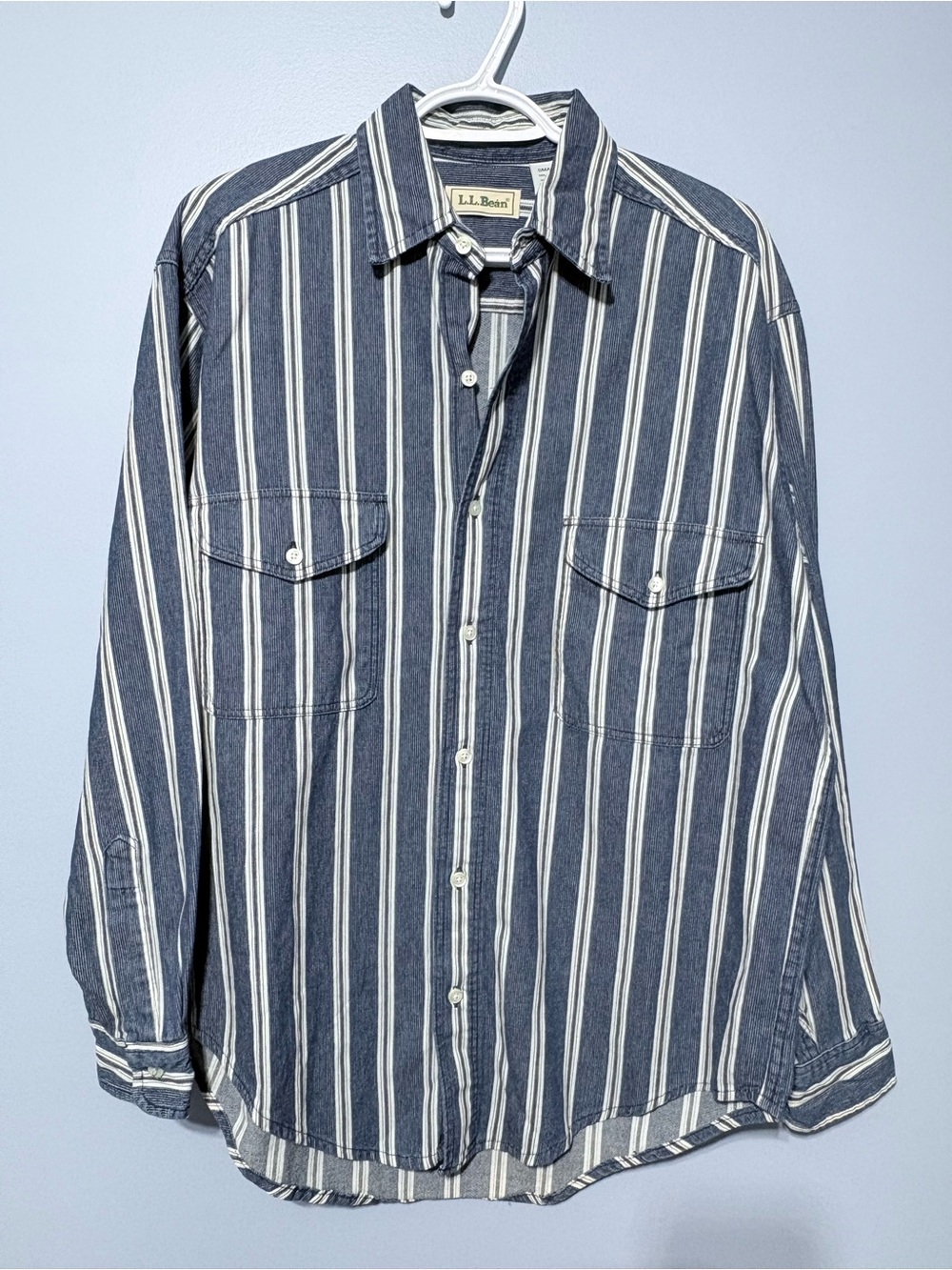 L.L. Bean Men's Navy and White Striped Button-Down Shirt vintage